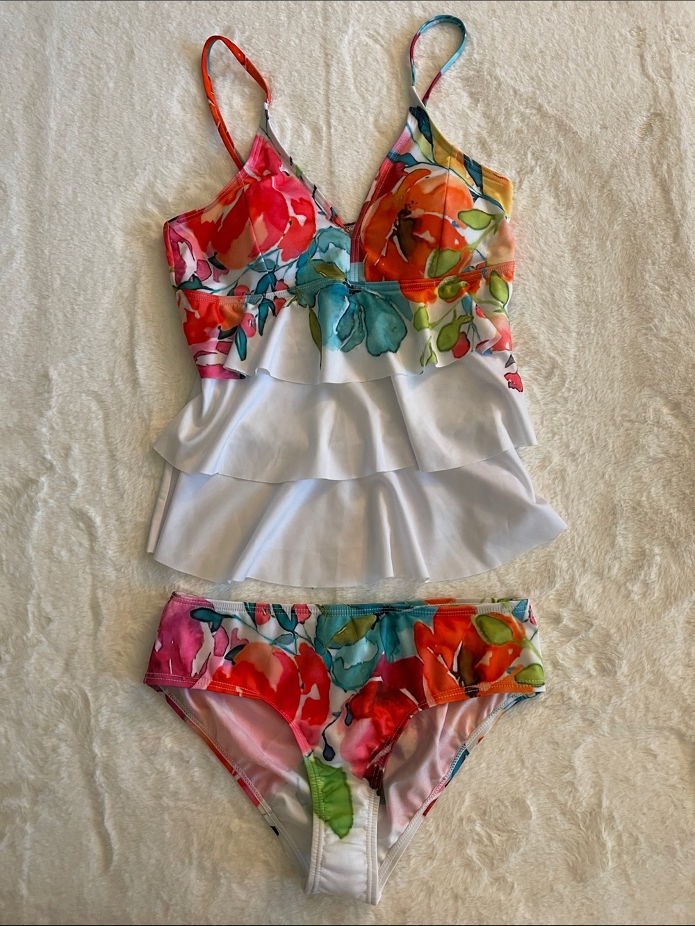Floral Ruffle Watercolors Tankini Set in White with Multicolor Blooms  SZ M